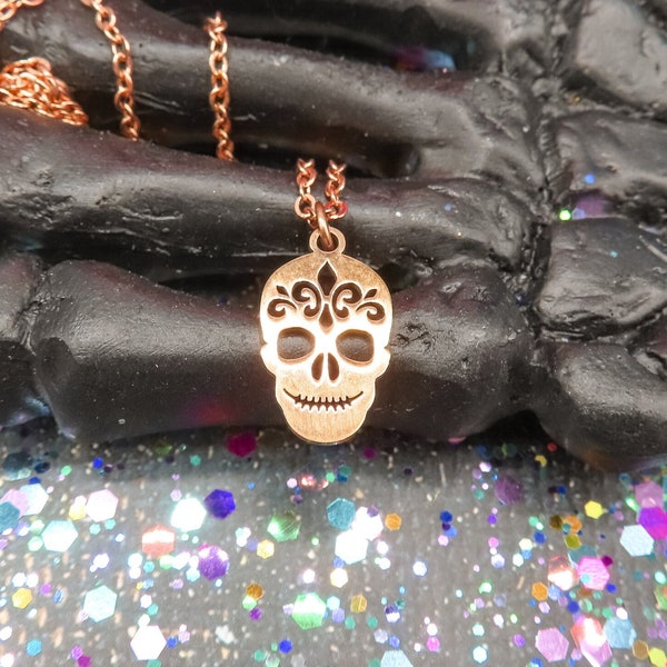 Rose Gold Calavera Necklace for Dia de los Muertos | Sugar Skull Necklace for Day of the Dead