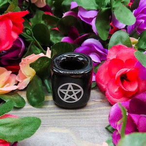 Mini Spell Candle Holder | Witchy Decor | Pentacle Chime Candle Holder | Black Ceramic with White Pentacle | Ritual Candle Holder