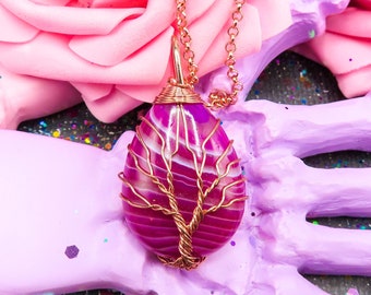 Rose Gold Pink Agate Crystal Necklace | Wire Wrapped Tree of Life Pendant