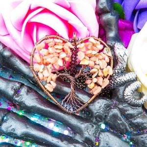 Heart-Shaped Pink Rhodochrosite Necklace | Rhodochrosite Crystal Copper Wire Wrapped Tree of Life Pendant