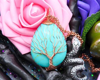 Rose Gold Turquoise Crystal Necklace | Wire Wrapped Tree of Life Pendant for Anxiety Relief