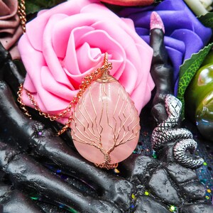 Rose Gold Rose Quartz Crystal Necklace | Wire Wrapped Tree of Life Pendant