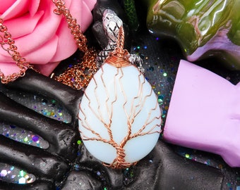 Rose Gold Opalite Necklace | Wire Wrapped Tree of Life Pendant