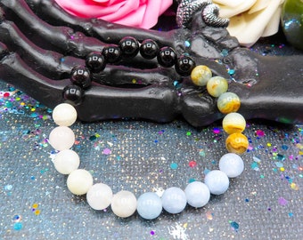 Crystal Intention Bracelet with Lemurian Calcite, Rainbow Moonstone, Aquamarine, & Black Tourmaline | 8mm Handmade Crystal Bracelet