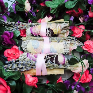 Sage Smudge Bundle with Rose Petals, Lavender, & Palo Santo | Floral White Sage Wand for Smoke Cleansing