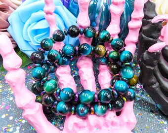 Chunky Aqua Tiger's Eye Bracelet with Rainbow Hematite for Empath Protection | 10mm Handmade Crystal Bracelet for Protection