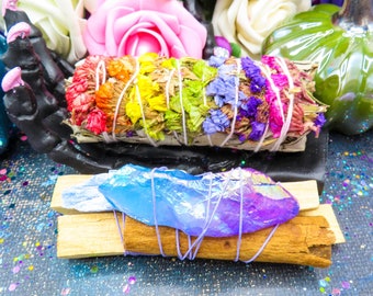 Rainbow Sage Smudge Bundle with Sinuata Flowers, Quartz, Kyanite, Cinnamon, & Palo Santo | Floral White Sage Wand for Smoke Cleansing