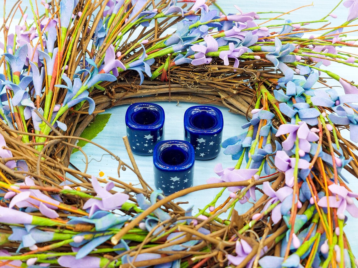 Celestial Chime Candle Holder Blue Ceramic with Silver Stars Etsy