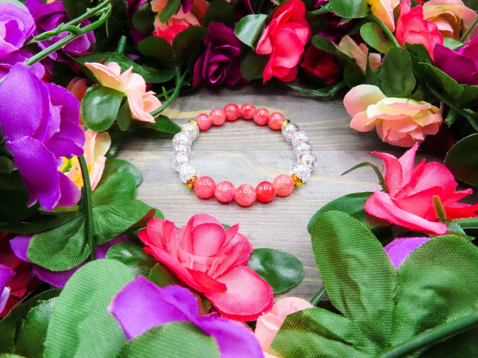 Red Angelite & Aura Crackle Quartz Bracelet With Gold Hematite | 8mm ...