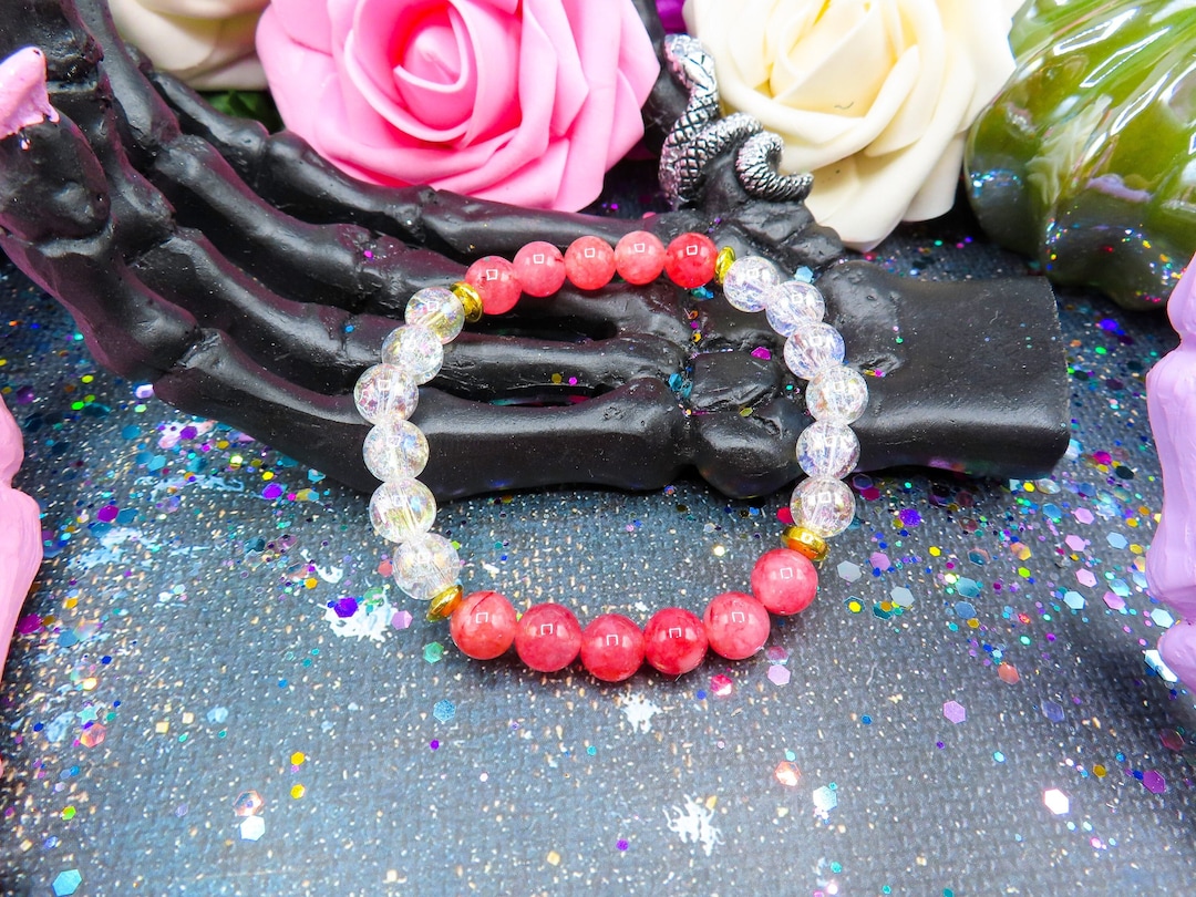 Red Angelite & Aura Crackle Quartz Bracelet With Gold Hematite | 8mm ...