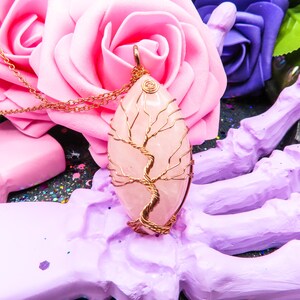Rose Gold Rose Quartz Crystal Necklace | Wire Wrapped Tree of Life Pendant
