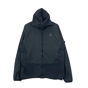 May include: A black hooded jacket with a full-length zipper. The jacket features a small logo on the upper left chest and a contrasting panel design on the lower half. The jacket has a hood and two side pockets.