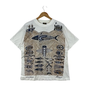 Vintage 90s Churinga Designs Australia Nawalah Dreaming T-Shirt M Single Stitch Aboriginal Sea Life Marine Art Graphic Tee White All Over