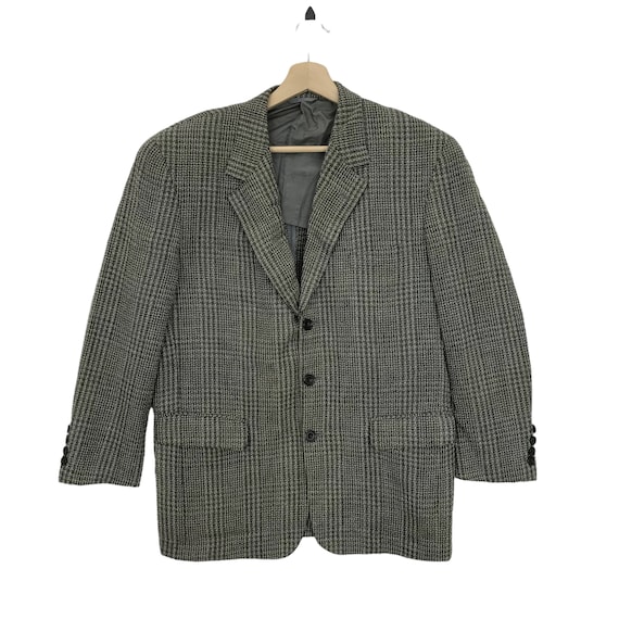 Christian Dior Monsieur, Vintage 80s Christian Dior Monsieur Tweed Blazer Jacket Plaid Houndstooth Wool Sport Coat Men Size M Brown Gray Dark Academia Preppy Classic