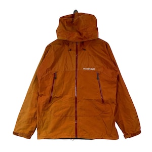 May include: An orange hooded jacket featuring a full-length red front zipper and two zippered side pockets. The brand name mont-bell is printed in white on the upper left chest. The jacket has long sleeves with adjustable cuffs and a hood.