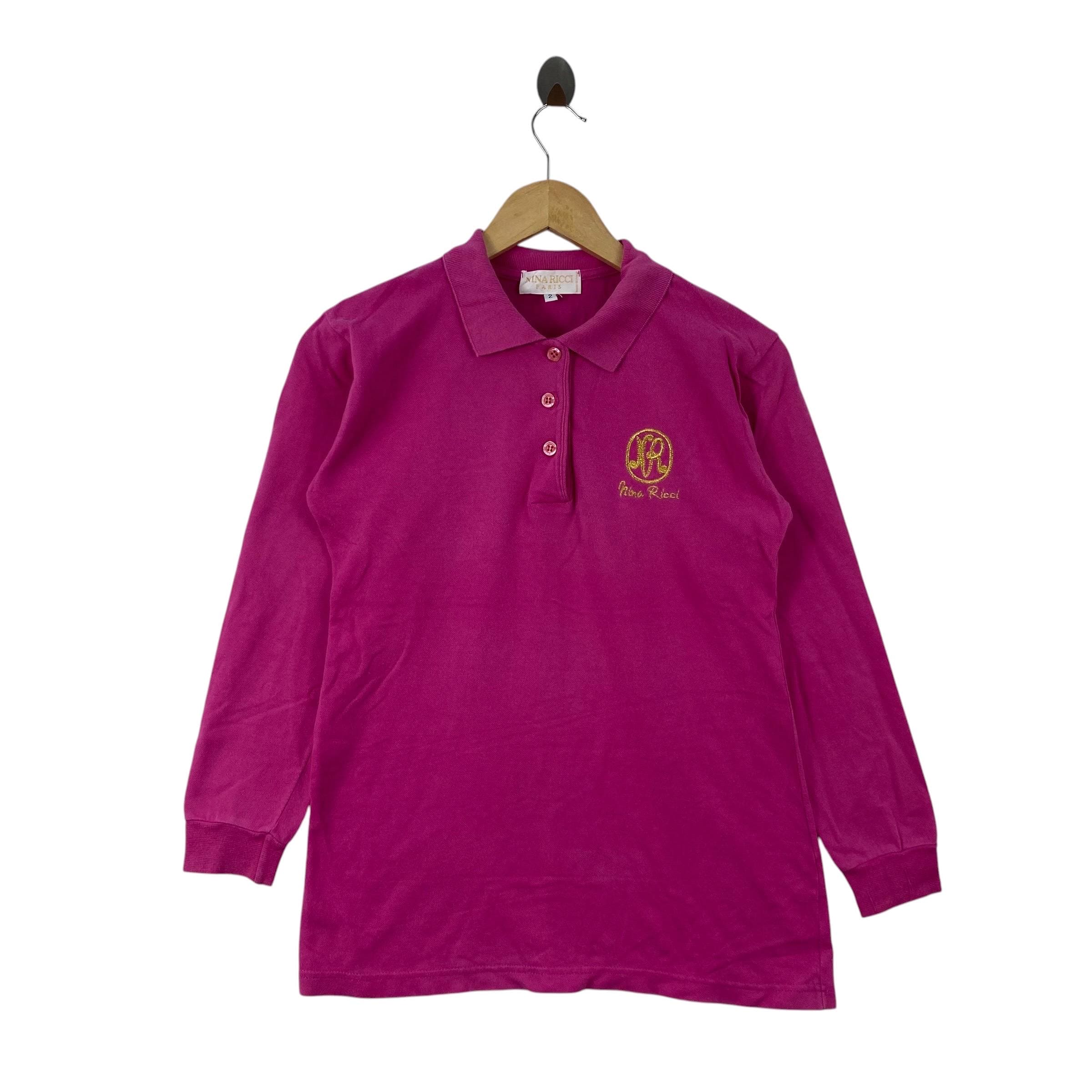 Nina Ricci, Vintage 90s Nina Ricci Paris Long Sleeve Polo Shirt Hot Pink Designer Cotton Knit Top Made in Italy Luxury Streetwear Retro Size S