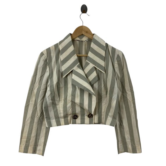 Chloé, Vintage 80s Miss Chloe Striped Cropped Blazer Jacket Size 40 Small Beige Gray Nautical Anchor Double Breasted Cotton Short Trench Coat Vtg