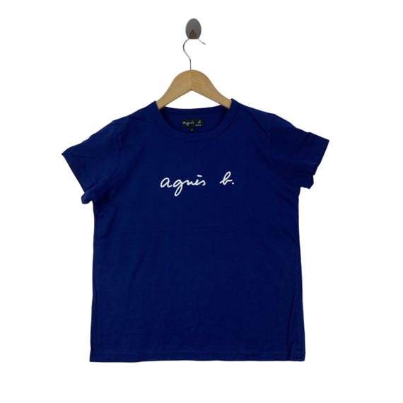 Agnès b., Vintage Agnes b. Paris Blue Logo T-Shirt Size 2 Made in Japan 100% Cotton Minimalist French Designer Script Logo Tee Streetwear Top