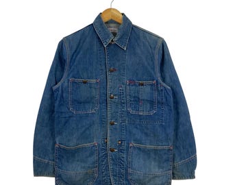 Vintage 90er Jahre Blau Blau Japan Hollywood Ranch Market Jeans Chore Jacke - Indigo Arbeitsmantel - Arigato Seilin Japanisches Archiv Selvedge L