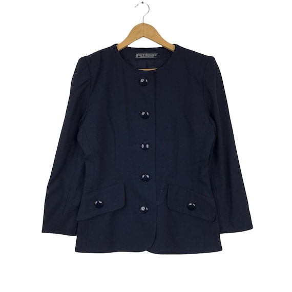 Vintage Givenchy Collarless Blazer Size 8 Navy Blue Wool Jacket Made in Japan Designer Quiet Luxury Minimalism Tailored Cardigan Suit Top