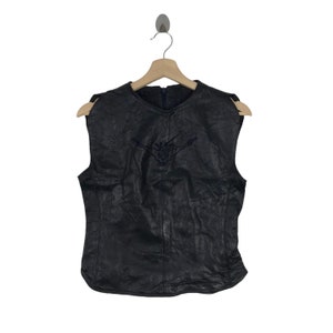 Vintage GIANNI VERSACE Leather Vest Sleeveless Big Logo Embroidery