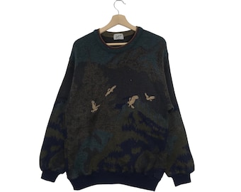 Vintage LINDBERGH Strickwaren Sweatshirt Nature Habitat Fullprint Logo Japanische Marke