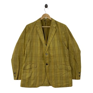 Vintage 60s Towncraft Penneys Plaid Blazer L Green Gold Mustard Light Linen Cotton Suit Jacket Mod Preppy Ivy League Light Dark Academia