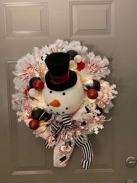 Lighted Snowman And Peppermint Candy Wreath Etsy