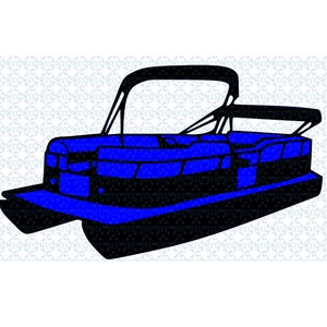 K&ouml;nnte beinhalten: Ein schwarz-blaues Pontonboot mit einem Verdeck.