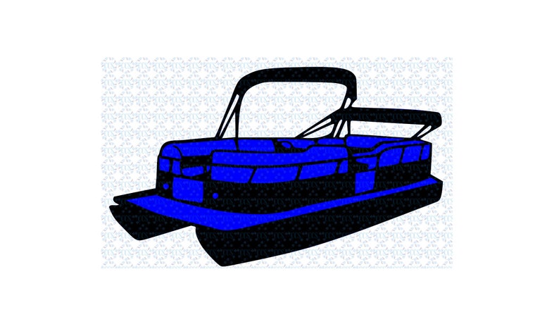 K&ouml;nnte beinhalten: Ein schwarz-blaues Pontonboot mit einem Verdeck.