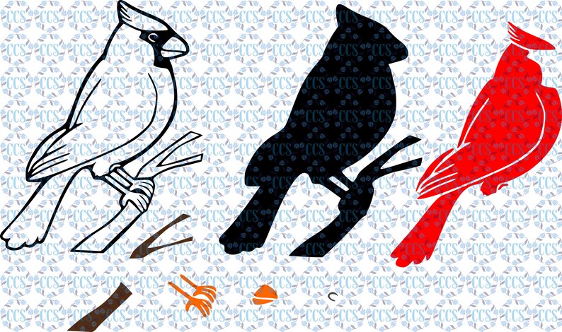 May include: Three images of a cardinal bird perched on a branch. The first image is a black and white outline of the bird. The second image is a black silhouette of the bird. The third image is a red silhouette of the bird.