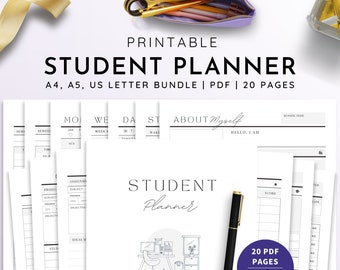 Minimalist Student Planner, Study Planner for College, School Planner, Printable Planner for Students, A4, US Letter, A5 | PDF