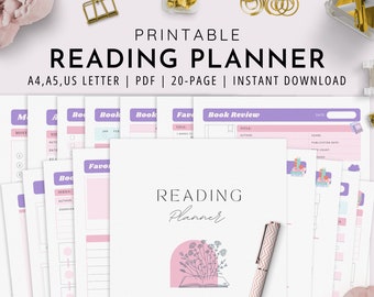 Cute Reading Planner, Reading Tracker, Book Lovers Planner, Book Journal, A4, A5, US Letter, 20 Pages, PDF Instant Download