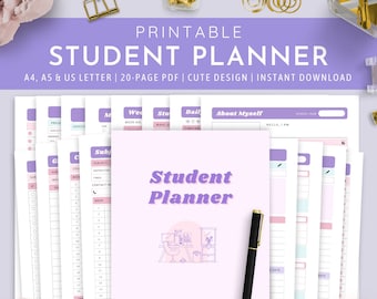 Cute Student Planner, Study Planner for College, School Planner Printable, Printable Planner for Students, A4, US Letter, A5 | PDF