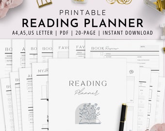 May include: Printable reading planner with a floral design and the text "Reading Planner" in a white and black font. The planner is 20 pages and includes sections for favorite books, book reviews, and a reading log.