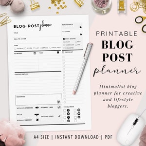May include: Printable blog post planner with sections for title, call to action, type, keywords, content outline, resources, affiliate sponsors, internal links, external links, social media, publish date, category, and post status. The planner is designed for creative and lifestyle bloggers.