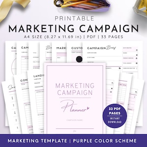 A4, Marketing Campaign Planner, 33 Pages, Marketing Campaign Templates, Planner for Marketers, Marketing Planner | Lavender Pink Ver