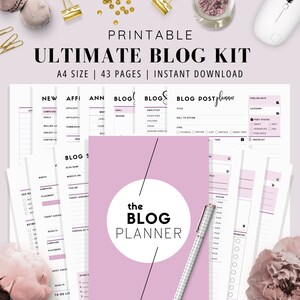 May include: A printable blog planner kit with 43 pages in A4 size. The cover features a pink background with a white circle that says "the BLOG PLANNER".