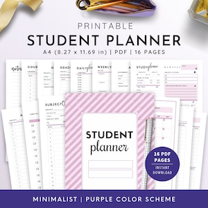 A4, Student Planner Printable (Lavender), Study Planner, School Planner, College Planner | PDF Instant Download