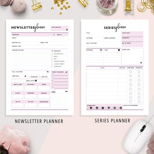 May include: A printable planner with two pages, one for newsletter planning and one for series planning. The newsletter planner includes sections for campaign goals, mailing list, subject line, content outline, call to action, email type, checklist, links to include, email stats, and notes. The series planner includes sections for title, category, call to action, keywords, tags, target audience, start date, frequency, number of posts, series idea, post number, published, promoted, promotions, and affiliate sponsors.