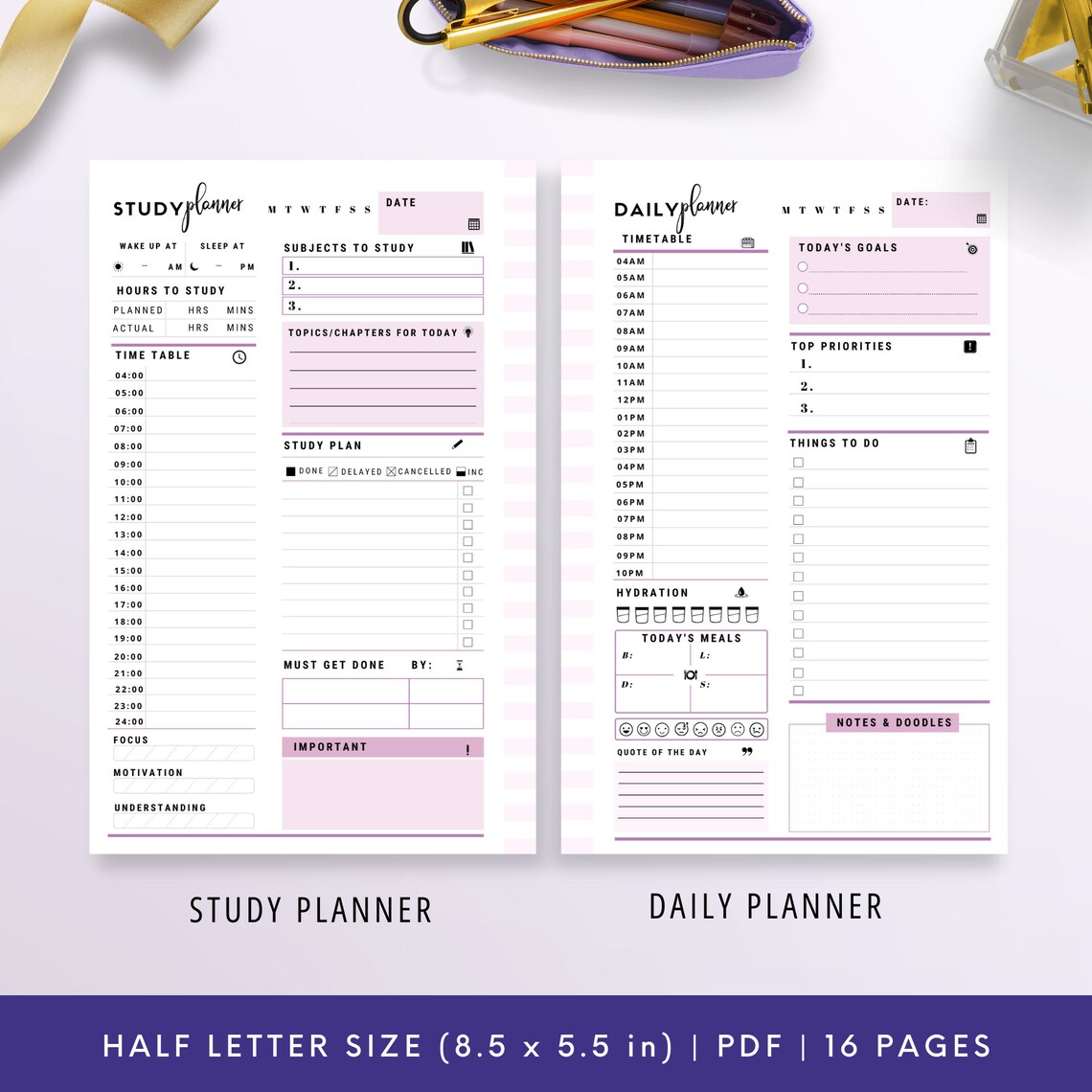 Study Half Half Letter, Student Planner Printable , Study Planner, School Planner ...