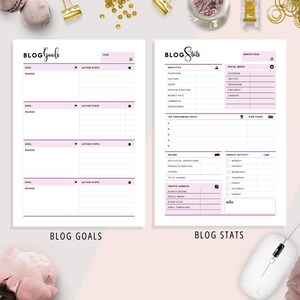 May include: A printable worksheet with a pink and white design for tracking blog goals and stats. The worksheet includes sections for goal setting, action steps, analytics, social media, income, traffic sources, and highest activity.