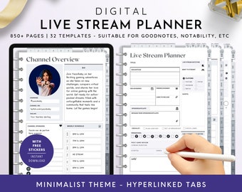 May include: A digital planner for live streamers with a minimalist theme. The planner includes a channel overview, weekly schedule, and live stream planner pages. The planner is designed for use with Goodnotes, Notability, and other note-taking apps. The planner includes hyperlinked tabs for easy navigation.