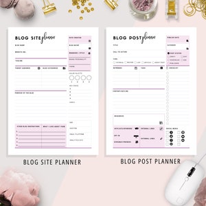 May include: A printable planner for bloggers, with sections for blog site planning and blog post planning. The planner includes sections for blog name, website URL, target audience, blog categories, purpose of the blog, branding, color palette, fonts, CMS, hosting, email platform, analytics site, other blog inspirations, what you love about them, title, call to action, type, keywords, tags, content outline, resources, affiliate/sponsors, opt-in, giveaway/freebies, internal links, external links, social media, post status, checklist, and publish date.