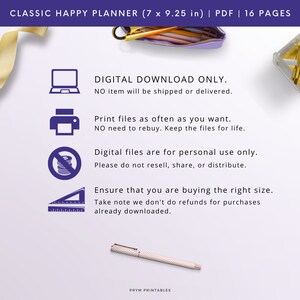 K&ouml;nnte beinhalten: Ein digitaler Download f&uuml;r einen druckbaren Happy Planner im PDF-Format. Der Planer ist 17,78 cm x 23,49 cm gro&szlig; und hat 16 Seiten. Das Bild zeigt Symbole f&uuml;r einen Computer, einen Drucker, ein Nicht-Geld-Zeichen und ein Lineal. Der Text lautet "DIGITALER DOWNLOAD NUR. Kein Artikel wird versandt oder geliefert. Drucken Sie Dateien so oft Sie m&ouml;chten. Kein erneuter Kauf erforderlich. Bewahren Sie die Dateien ein Leben lang auf. Digitale Dateien sind nur f&uuml;r den pers&ouml;nlichen Gebrauch bestimmt. Bitte nicht weiterverkaufen, teilen oder verteilen. Stellen Sie sicher, dass Sie die richtige Gr&ouml;&szlig;e kaufen. Bitte beachten Sie, dass wir keine R&uuml;ckerstattungen f&uuml;r bereits heruntergeladene K&auml;ufe anbieten. PRYM PRINTABLES"