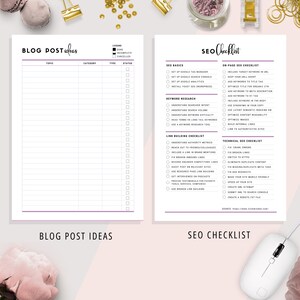 May include: A checklist for SEO, with sections for SEO basics, keyword research, link building, on-page SEO, technical SEO, and blog post ideas. The checklist is in a white and purple color scheme.