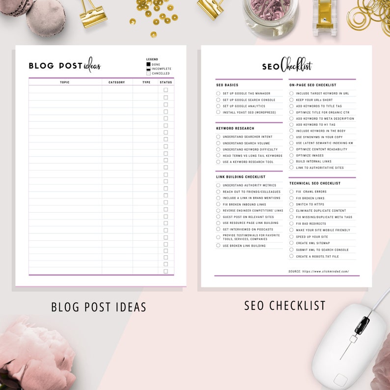 May include: A checklist for SEO, with sections for SEO basics, keyword research, link building, on-page SEO, technical SEO, and blog post ideas. The checklist is in a white and purple color scheme.