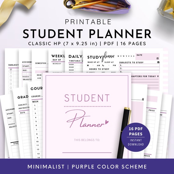 Classic HP, Student Planner Printable , Study Planner, School Planner, College Planner, Happy Planner | PDF Instant Download | Lavender Pink