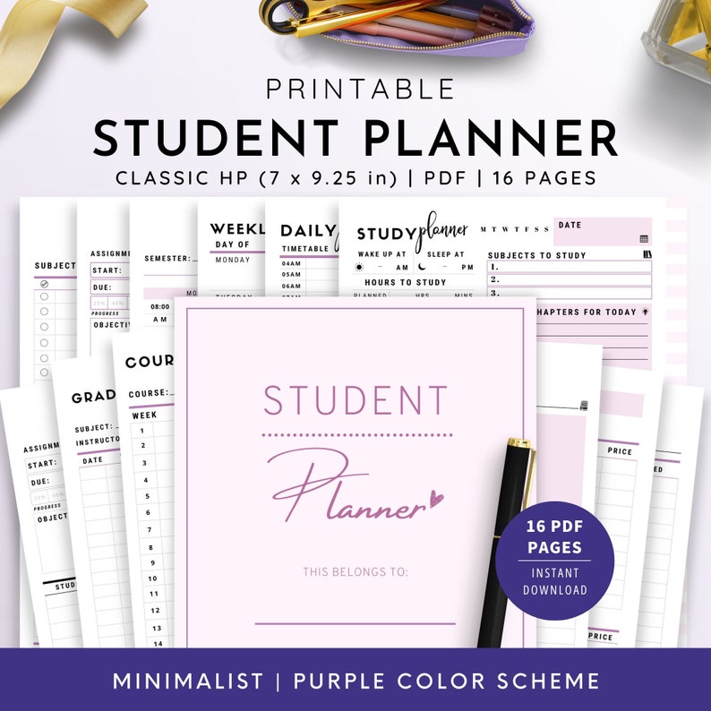 K&ouml;nnte beinhalten: Ein druckbarer Studentenplaner mit einem minimalistischen lila Farbschema. Der Planer enth&auml;lt Abschnitte f&uuml;r Wochen- und Tagespl&auml;ne, Lernzeiten, zu lernende F&auml;cher und Kapitel f&uuml;r den Tag. Der Planer ist 17,8 cm x 23,5 cm gro&szlig; und hat 16 Seiten.