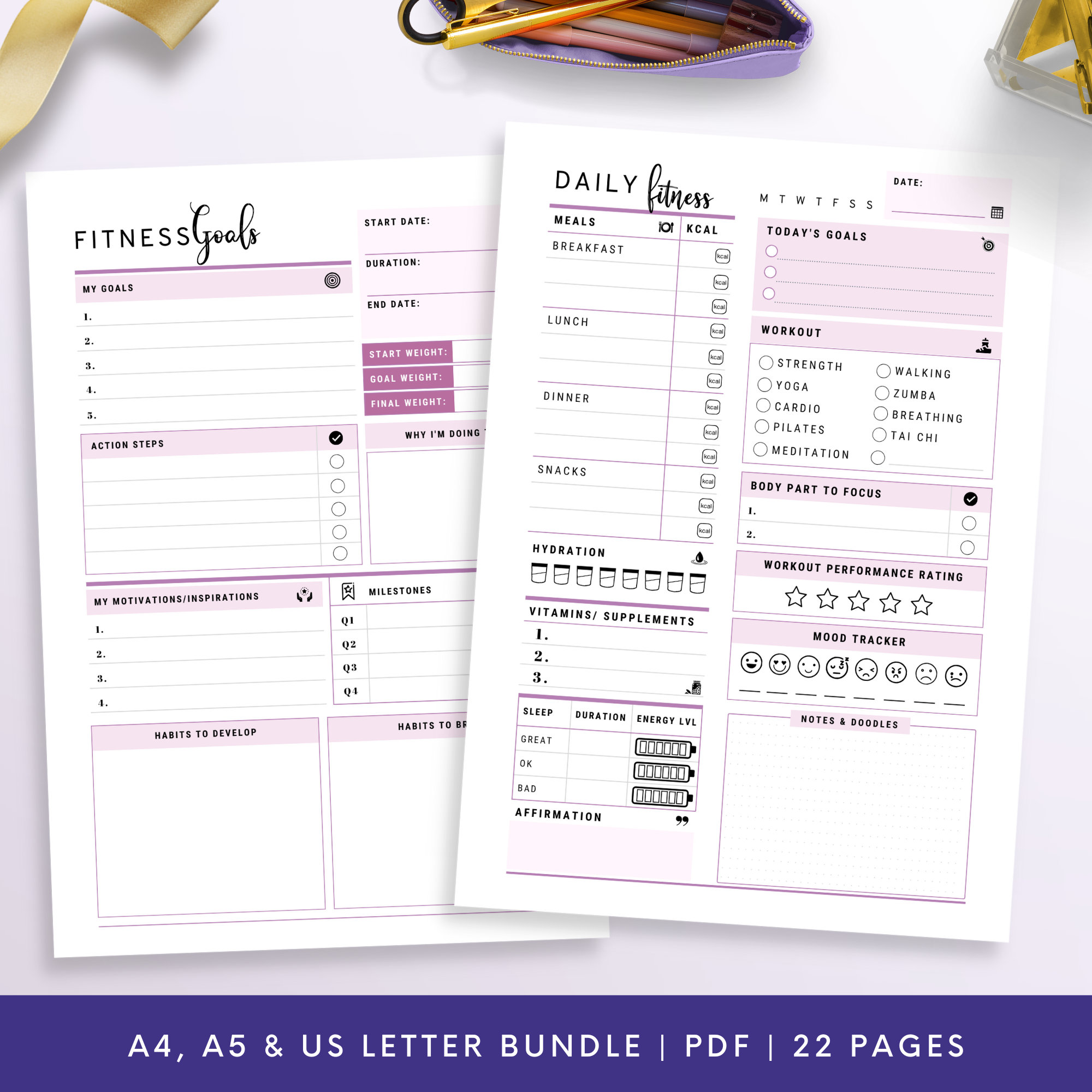Fitness Planner, A4, A5, US Letter | Fitness Planner, Workout Planner ...